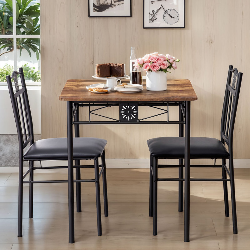 Brijesh 3 - Piece Couple Dining Set Square Dining Table Upholstered High Back Dining Chairs, Rustic Brown/Black