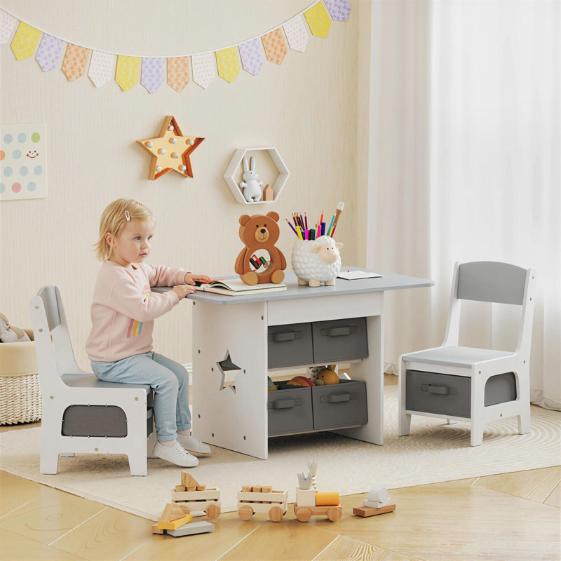 AIYAPLAY Kids Table and Chair Set 6 Removable Drawers Ages 3-8 Light Grey