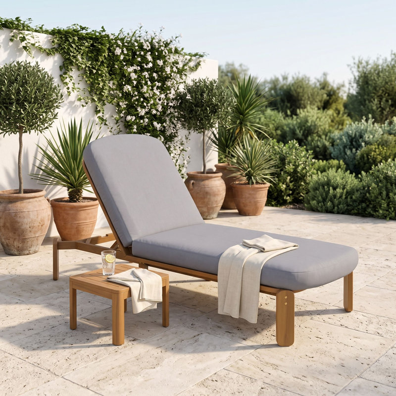 Chaise longue d'extérieur en bois d'acacia avec dossier réglable à 3 positions et coussins pour solarium, Gris