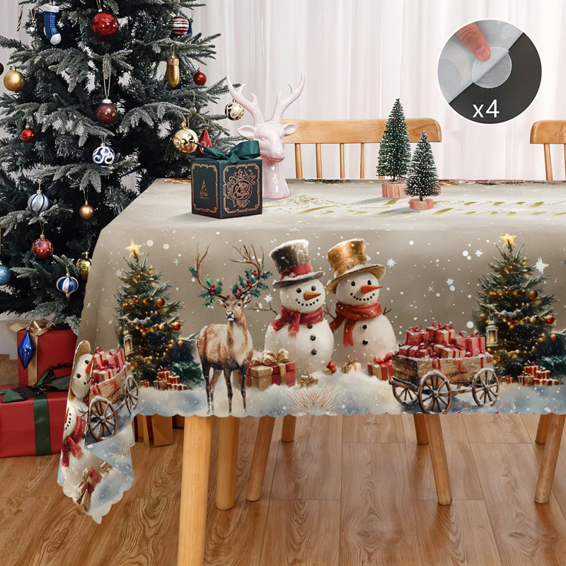 1pc round/rectangular polyester tablecloth, Christmas tablecloth with pine, snowman, truck, embosed edge, Christmas decorations for dining table, festival party holiday table decoration, perfect festival gift