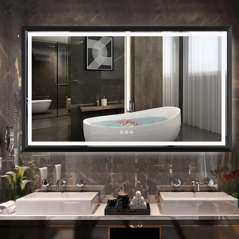 Novel Rectangular Modern LED Light Anti-Fog Bathroom Glass Hanging Mirror, 36" x 60", Matte Black