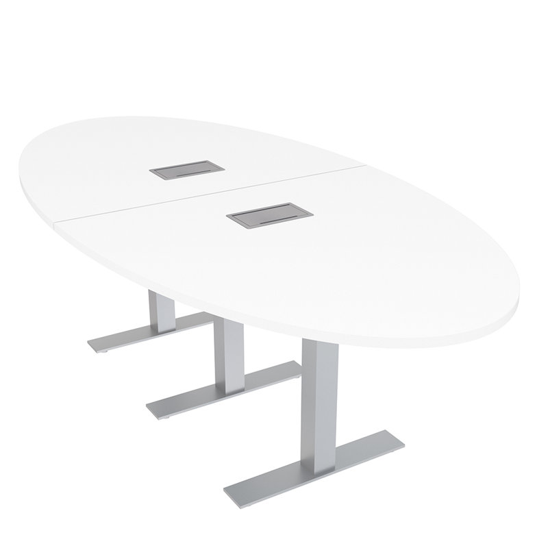 Table de salle de conférence ovale avec bases en T et alimentation et données, L 96 po x l 48 po, Blanc