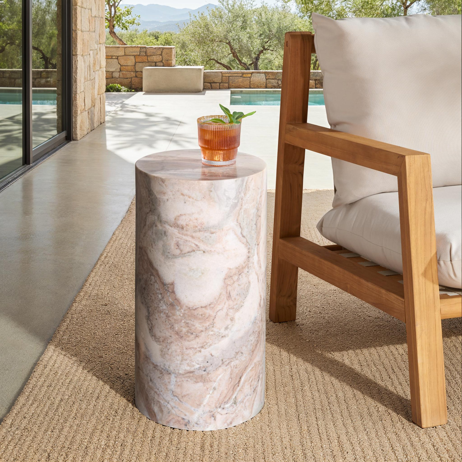 11" Genuine Marble End Table, White/Brown