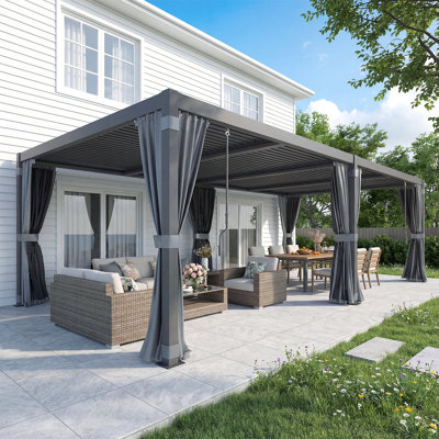 24 Ft. W x 12 Ft. D Louvred Pergola, Outdoor Aluminum Pergola with Adjustable Rainproof Roofs,  Gazebo with Curtains and Nets for Hot Tub and Patio Deck Backyard