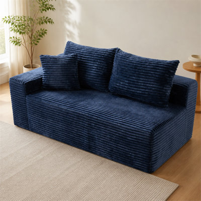 Causeuse bleue basse en velours côtelé, canapé sans accoudoirs, canapé compact pour petits appartements et salons