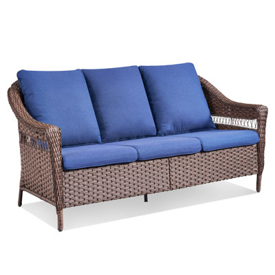 67.3" Outdoor Wicker Patio Sofa, 3-Seat PE Rattan Couch With Blue Cushions For Deck Or Backyard