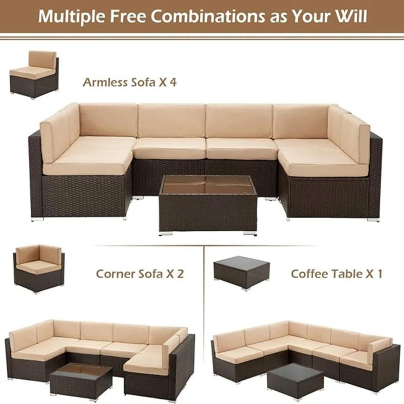Ensemble de conversation modulaire en rotin 7 pièces avec foyer, Beige, Brun