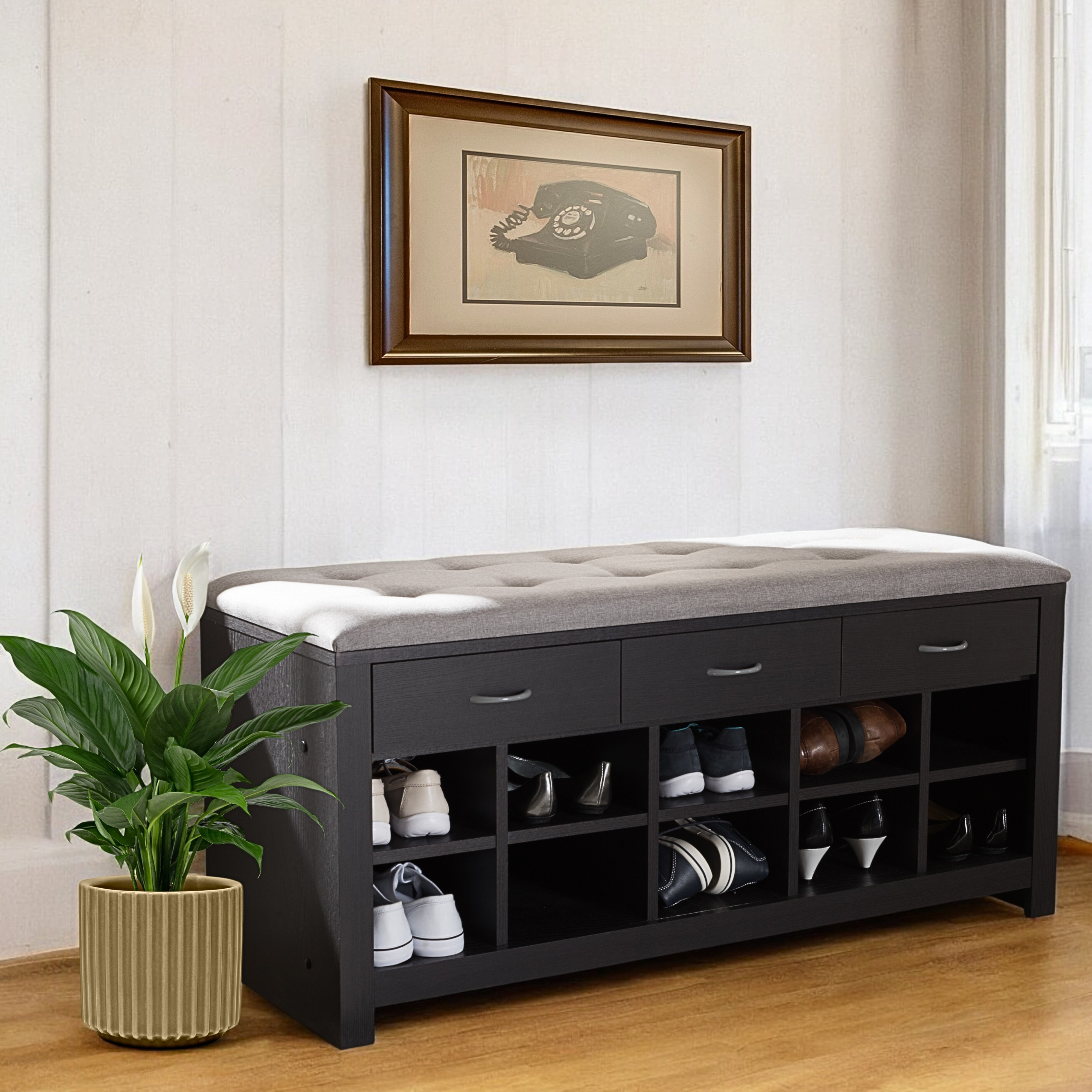 Hokku Designs Crimson Grey Fabric Upholstered Cushioned Entryway Bench