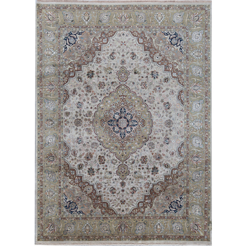 Tapis ivoire et doré de haute qualité noué à la main