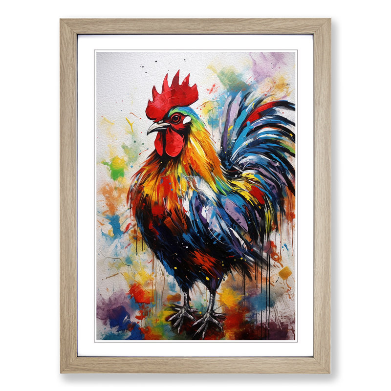 Rooster Gestural No.2 - Single Picture Frame Print on Wood, 64cm H x 46cm W x 2cm D, Oak
