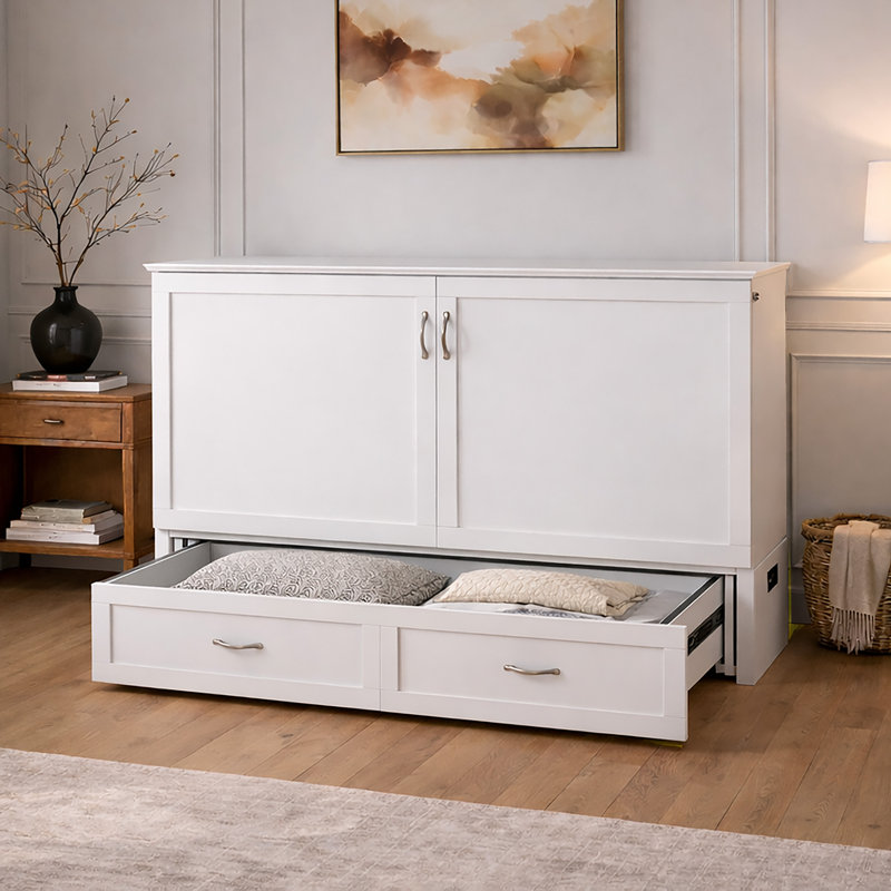 Atiyah Murphy Bed Chest with 6" Mattress, Storage and Built-in Charger, White, Queen