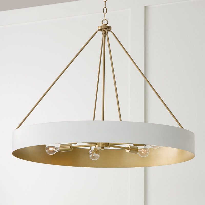 35.75"W x 27.25"H 6-Light Modern Circular Metal Chandelier, Matte Brass/White