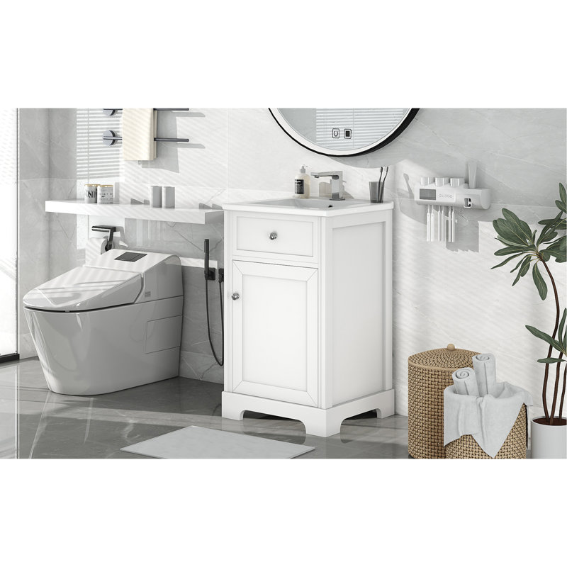 Meuble-lavabo de 20 po avec lavabo, armoire de salle de bain avec porte à fermeture douce, support de rangement et tablette réglable, blanc