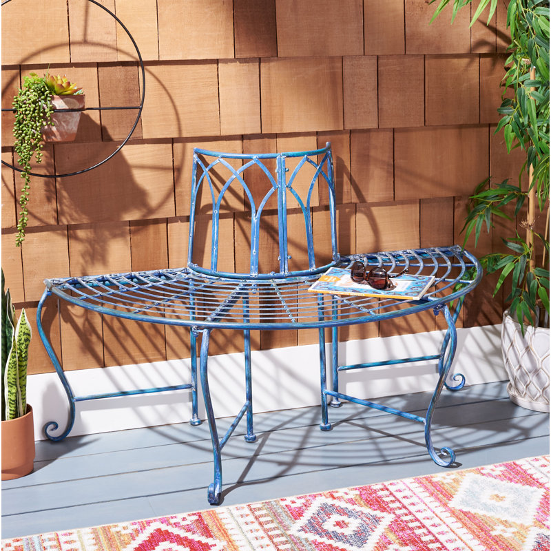 Abia Wrought Iron Outdoor Tree Bench, Blue