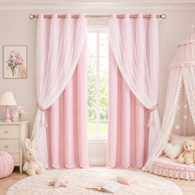 Rideaux occultants double couche avec voile en tulle, isolants thermiques et à œillets, pour chambre à coucher et chambre d'enfant, rose