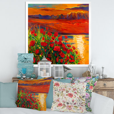 " Red Poppies By The Ocean During Sunset " Painting Print