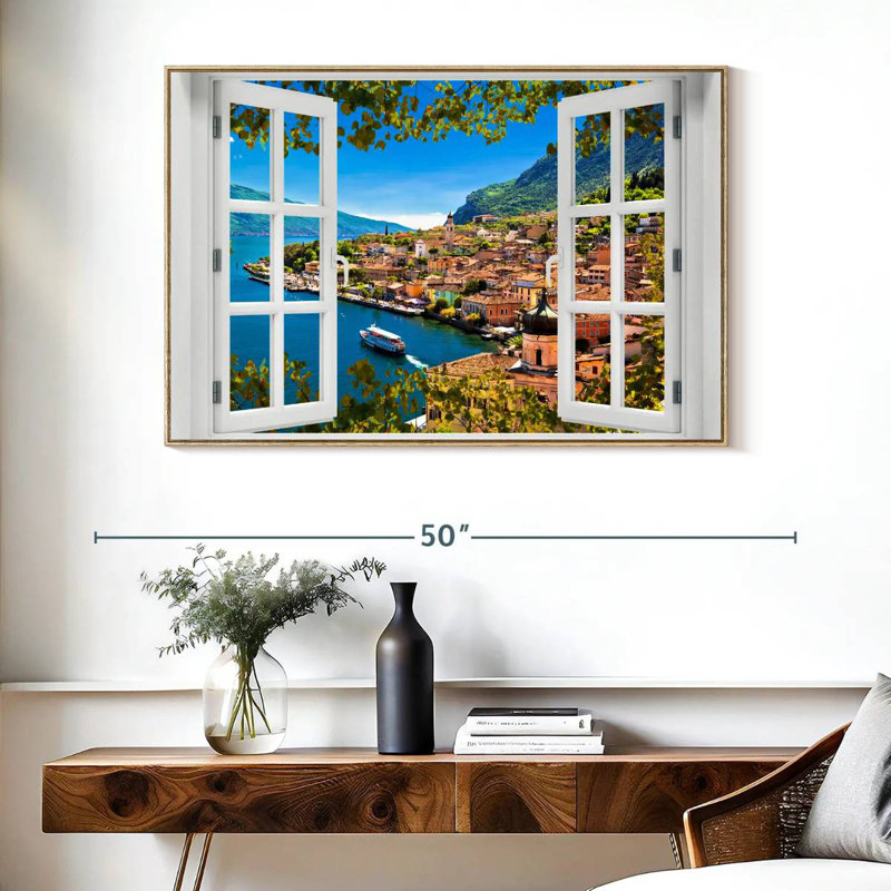 Fenêtre sur Limone Sul Garda, Cadre flottant en bois naturel, 40 po x 27 po