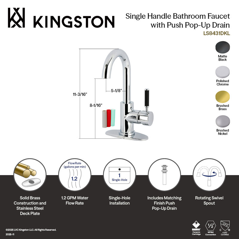 Kingston Brass Kaiser One-Handle 1-Hole Bathroom Faucet With Deck Plate And Push Pop-Up Drain, Brushed Brass