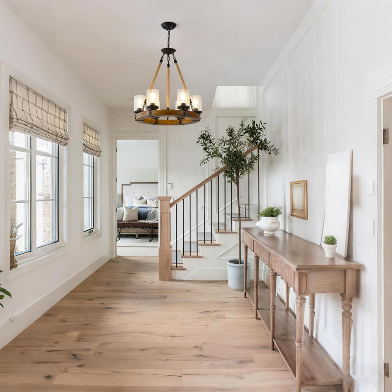 6-light Farmhouse Wood Chandelier, Farmhouse Wagon Wheel Chandelier With Seeded Glass Shade, Round Rustic Wood  Pendant Light For Dining Room Living Room Kitchen Entryway