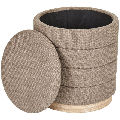 16" Round Upholstered Linen Storage Ottoman