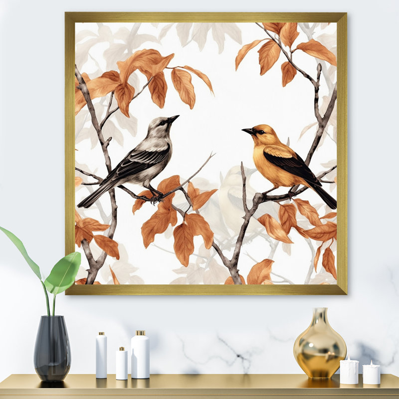 «Brown Birds On Trees I», reproduction d'art sur toile, H 30 po x l 30 po x P 1 po, Cadre doré à une seule photo
