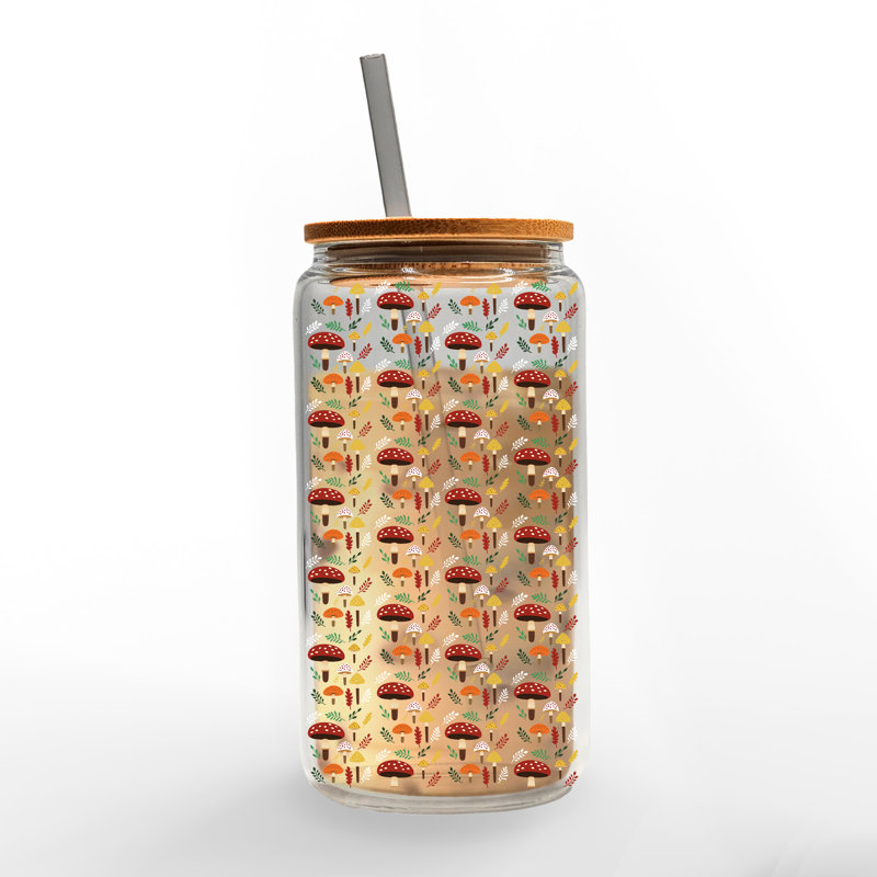 Mushroom Pattern Glass Can Cup With Lid and Straw