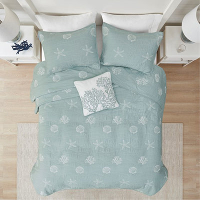 Ensemble de courtepointe brodée réversible en coton 4 pièces avec coussin décoratif double / grand turquoise