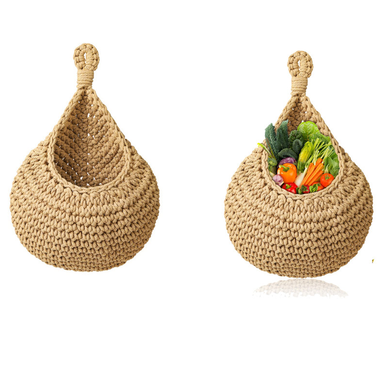 2 paniers de fruits muraux suspendus, panier de jute boho pour garde-manger, pomme de terre, ail, oignon, rangement de fruits, organisateur de cuisine décoratif et porte-pot mural