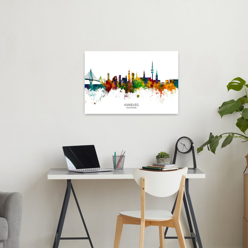 Affiche murale abstraite contemporaine représentant la silhouette vibrante de Hambourg, 24" H x 36" W