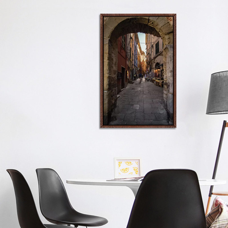 Street Of Porto Venere by Enzo Romano - Print on Canvas, 101.6cm H x 66.04cm W x 3.81cm D, Classic Brown Wood Framed