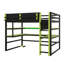 Lit mezzanine double en bois avec bureau intégré, support de rangement latéral, tablettes multiples et éclairage RVB-1300434352