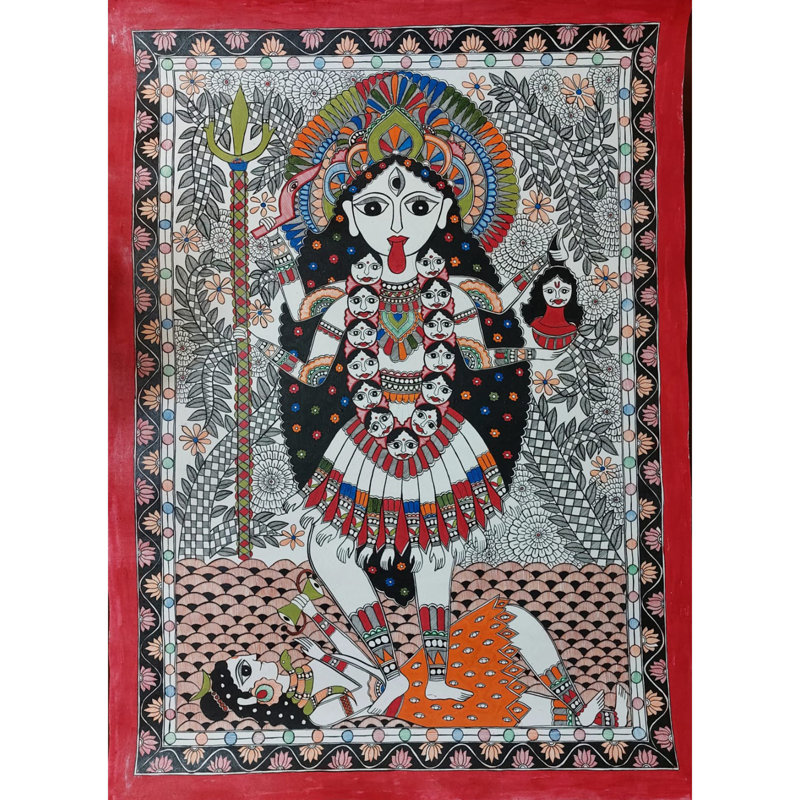 Kali Maa Madhubani, peinture acrylique sur papier faite à la main, art mural indien de 30 po x 22 po par Lalita Ray