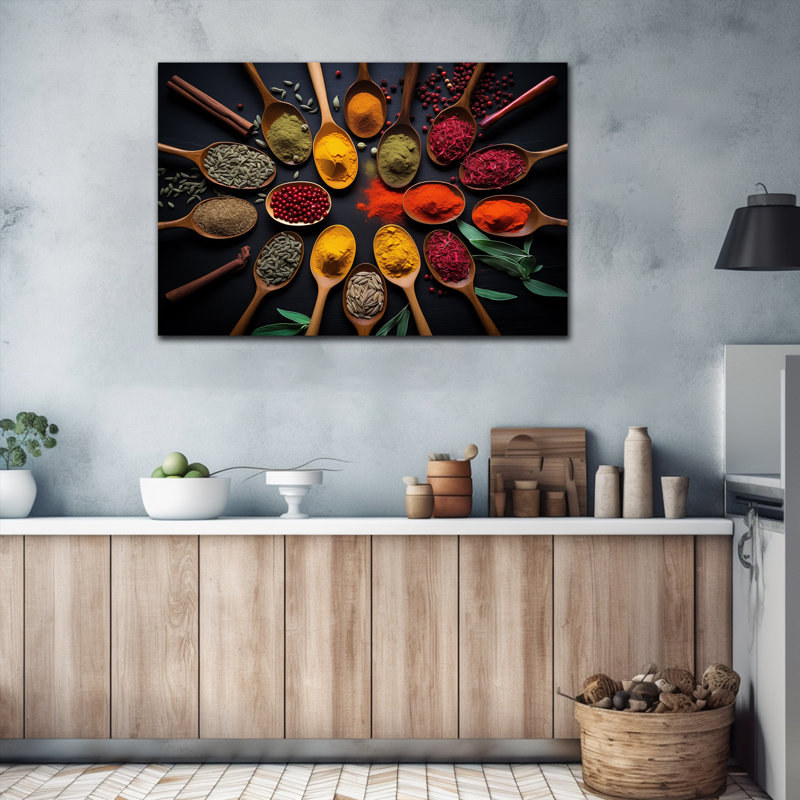 Large Kitchen Canvas Wall Art Colorful Spices Wooden Spoon Poster Prints Vintage Food Picture Painting Framed Ready to Hang Canvas Art for Kitchen Dining Room Wall Decor, 24×32 Inches