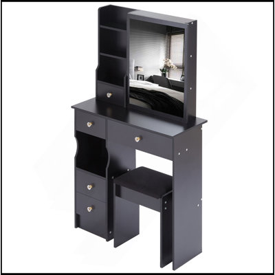 Petit meuble-lavabo de 29,2 po avec tabouret de bureau et tabouret rembourré, très grand miroir coulissant à droite, rangement multicouche à grande capacité, commode pratique et pratique, convient aux petits espaces