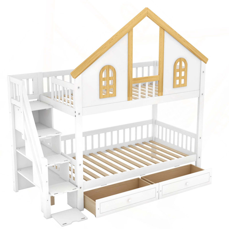 Lit superposé sur le toit en bois avec tiroirs de rangement pour porte de fenêtre et escalier pour enfants, Twin