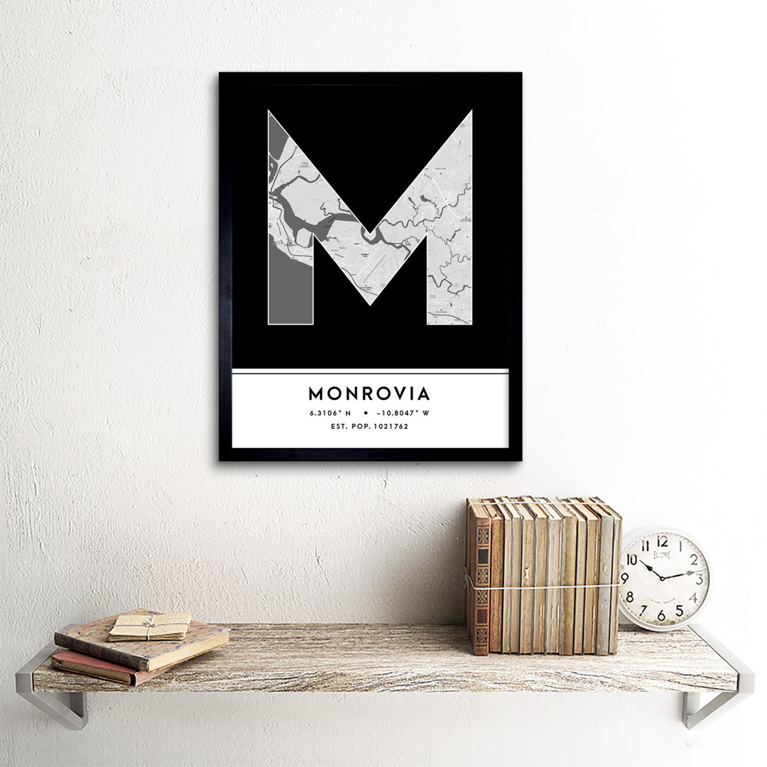 Monrovia City Map Monrovia Black & White by Wee Blue Coo - Single Picture Frame Typography