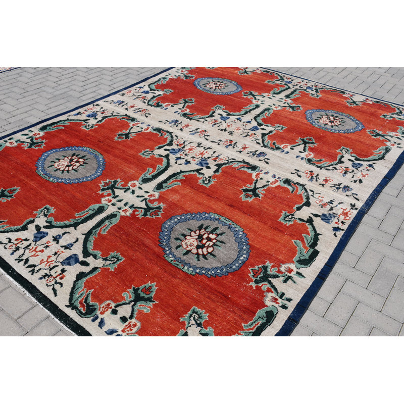 Grand tapis turc rouge fait à la main avec un design traditionnel anatolien, idéal pour rehausser le plancher du salon ou de la chambre à coucher