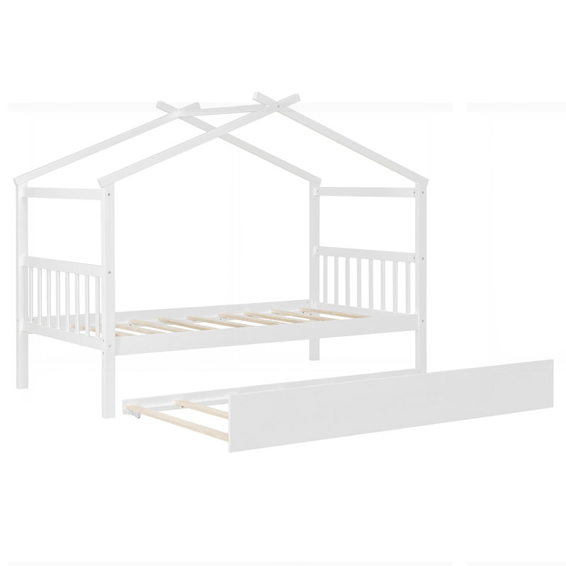 Wooden House Bed with Trundle, White