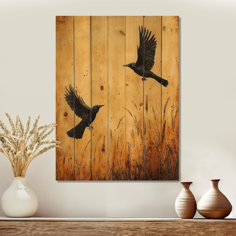 Dark Crows In The Cornfield IV - Bird Wood Wall Decor - On Natural Pine Wood, 40" H x 30" W x 0.78" D
