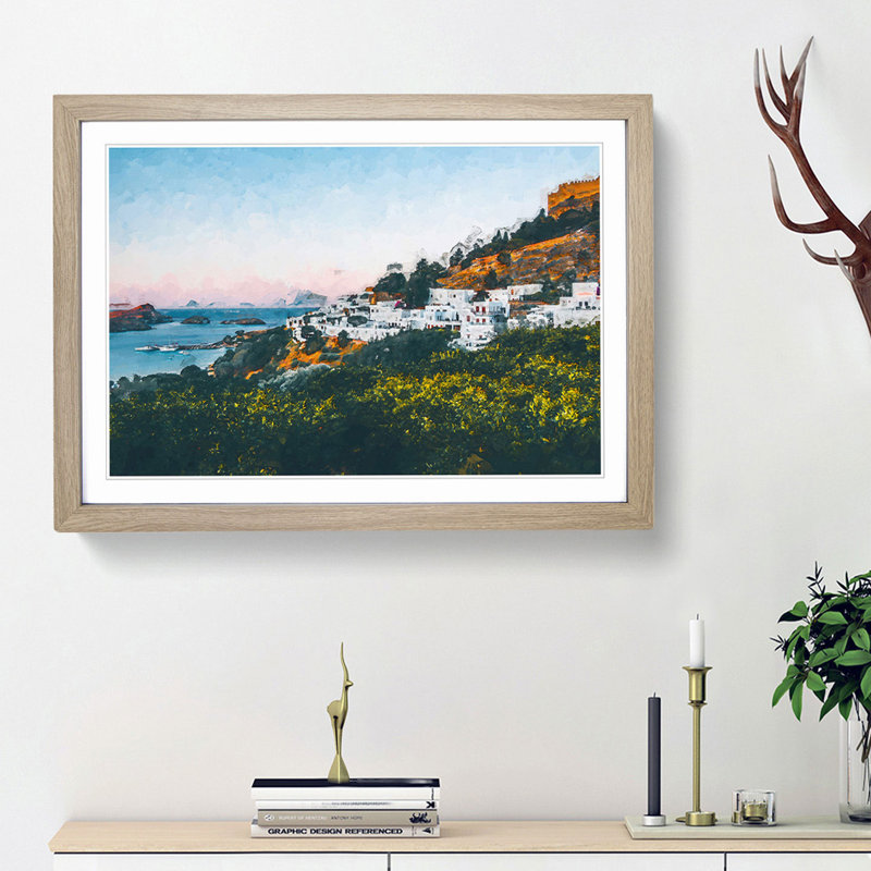 The Island of Rhodes in Greece in Abstract - Picture Frame Graphic Art Print, 36cm H x 48cm W x 2cm D, Oak Framed