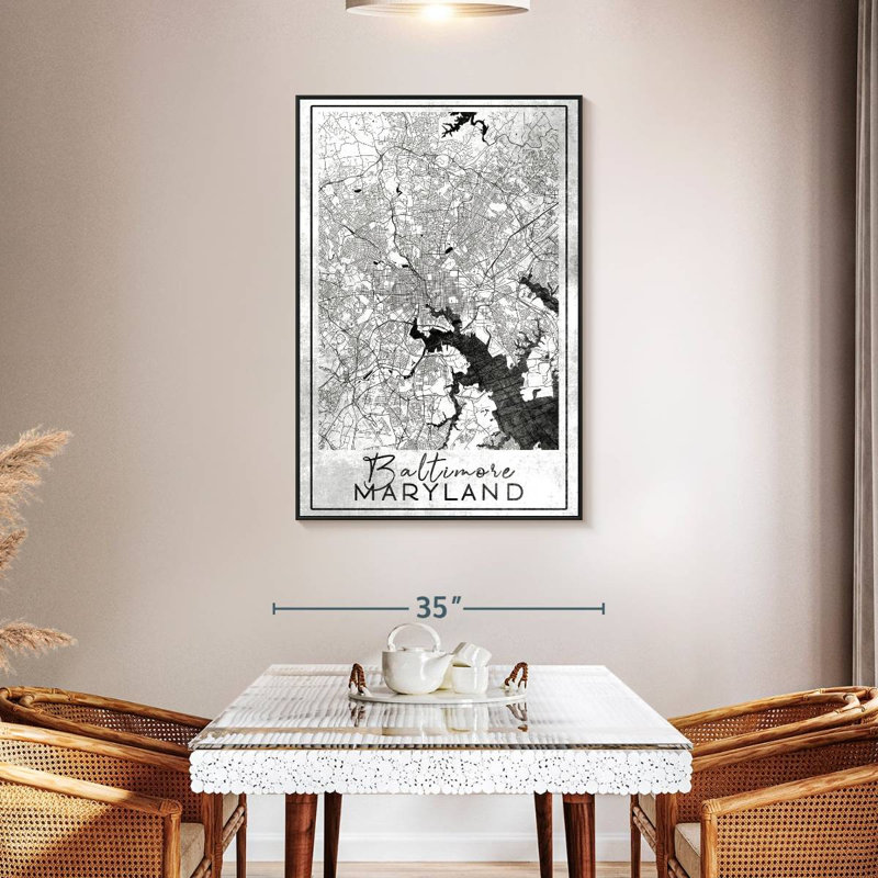 Carte de la ville de Baltimore, 31 po x 46 po, Cadre flottant noir