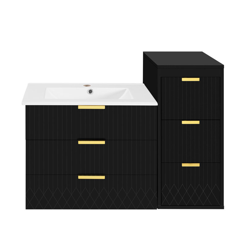 Meuble-lavabo mural 24 po avec lavabo en céramique et armoire d'appoint 24 po, Noir