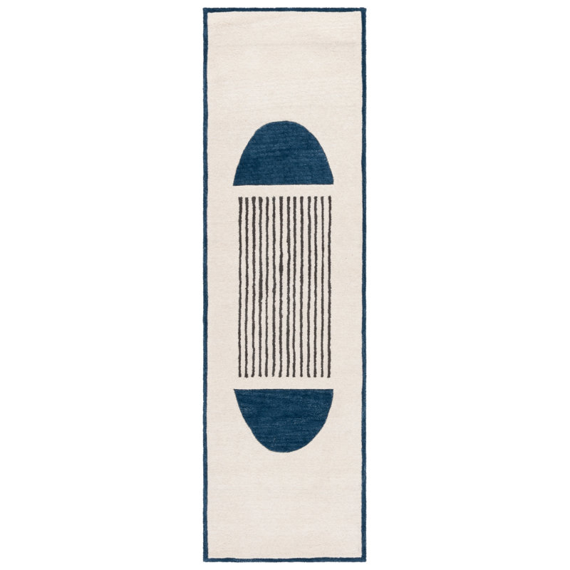 Athelstan Rodeo Drive Hand Tufted Wool/Cotton Abstract Rug in Navy/Ivory, Runner 2'3" x 8'