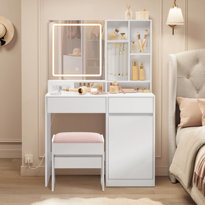 Cellia 35.4"W Vanity Desk With Mirror And Lights, stool and charging by Wade Logan
