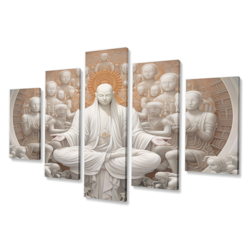 «White Buddha Temple Meditation IV - Buddhism», reproduction d'art sur toile - 5 panneaux