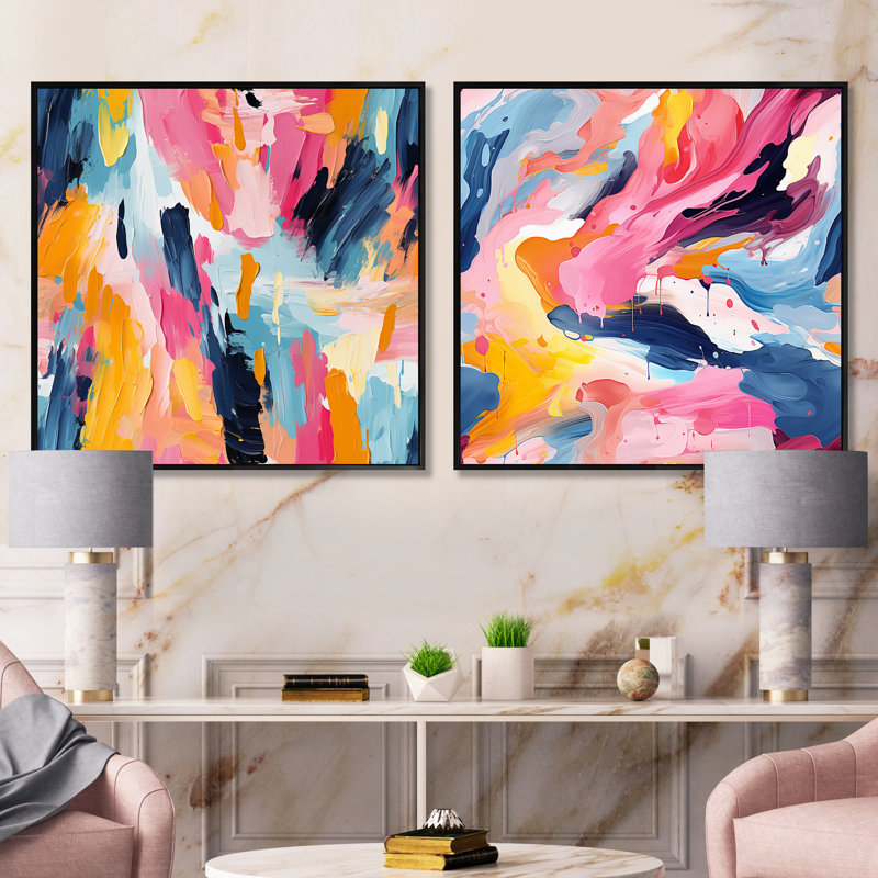 «Colorful Paint Swirl Bliss III», ensemble de 2 collages carrés abstraits, Cadre flottant noir, H 30 po x l 61 po