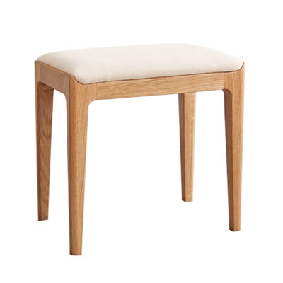 Solid Wood Vanity Stool - Red Oak Bedroom Stool with Off-White Padded Seat, Natural Wood Channel Design Vanity Chair for Makeup Table