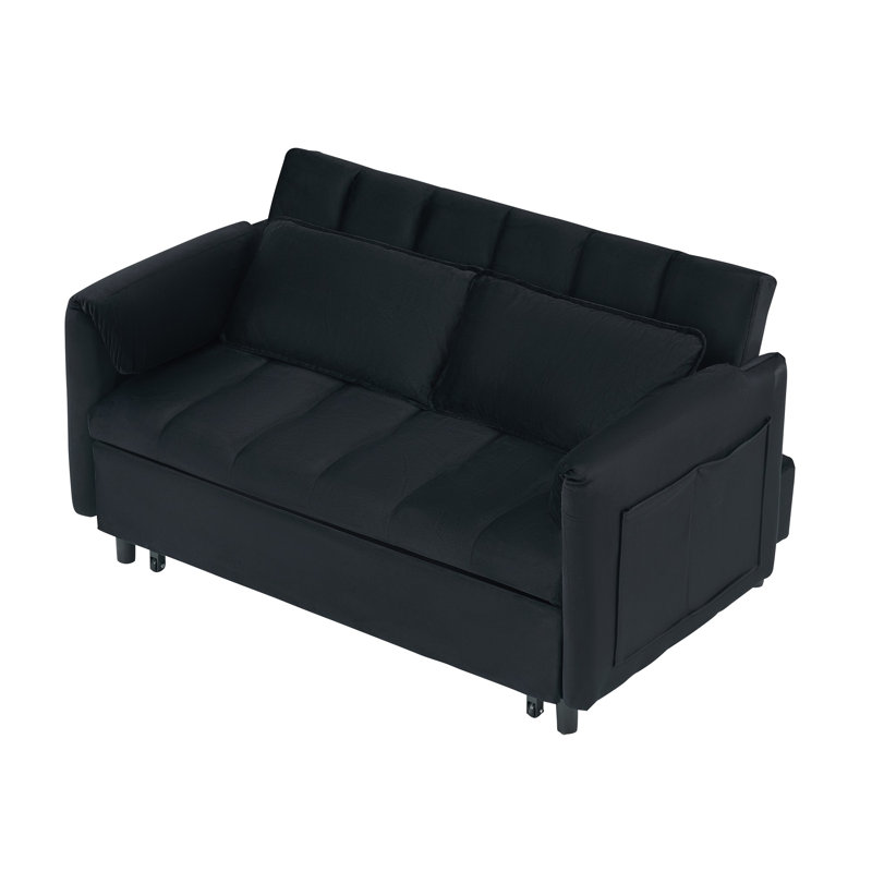 52" Modern Velvet Sofa Bed - 3-In-1 Convertible with Pillows & Side Pockets, Black
