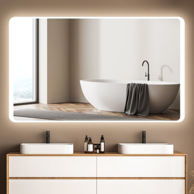 Jazzell Frameless LED Lighted  Bathroom Mirror Wall Mount Vanity  Mirror with 3-Colors Dimmable Lights& Anti-fog