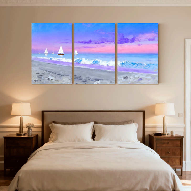 Plage, océan, vagues, voiliers, coucher de soleil, plage, sable, ensemble de 3 impressions sur toile, H 30 po x l 60 po